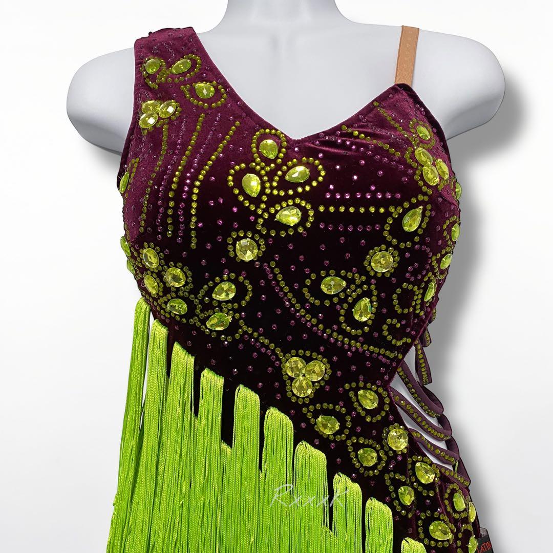 LATINO DANCE 社交ダンス 衣装 ラテンドレス フリンジ 紫 黄緑