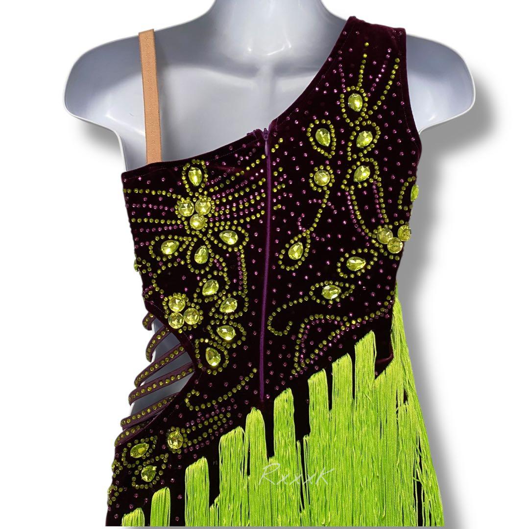 LATINO DANCE 社交ダンス 衣装 ラテンドレス フリンジ 紫 黄緑