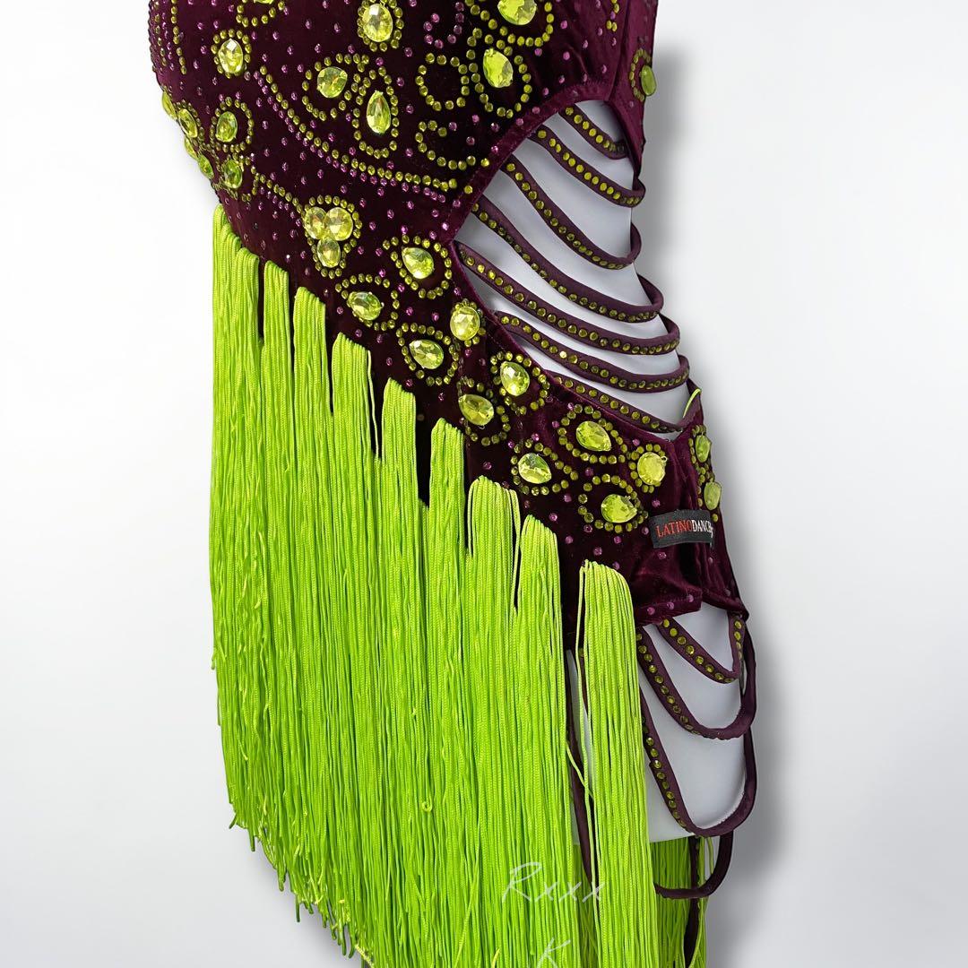 LATINO DANCE 社交ダンス 衣装 ラテンドレス フリンジ 紫 黄緑