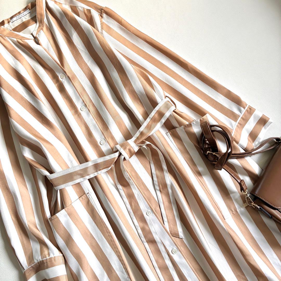 ◆美品◆BEIGE.◆5.3万◆ストライプシャツワンピース◆マキシ丈◆ L