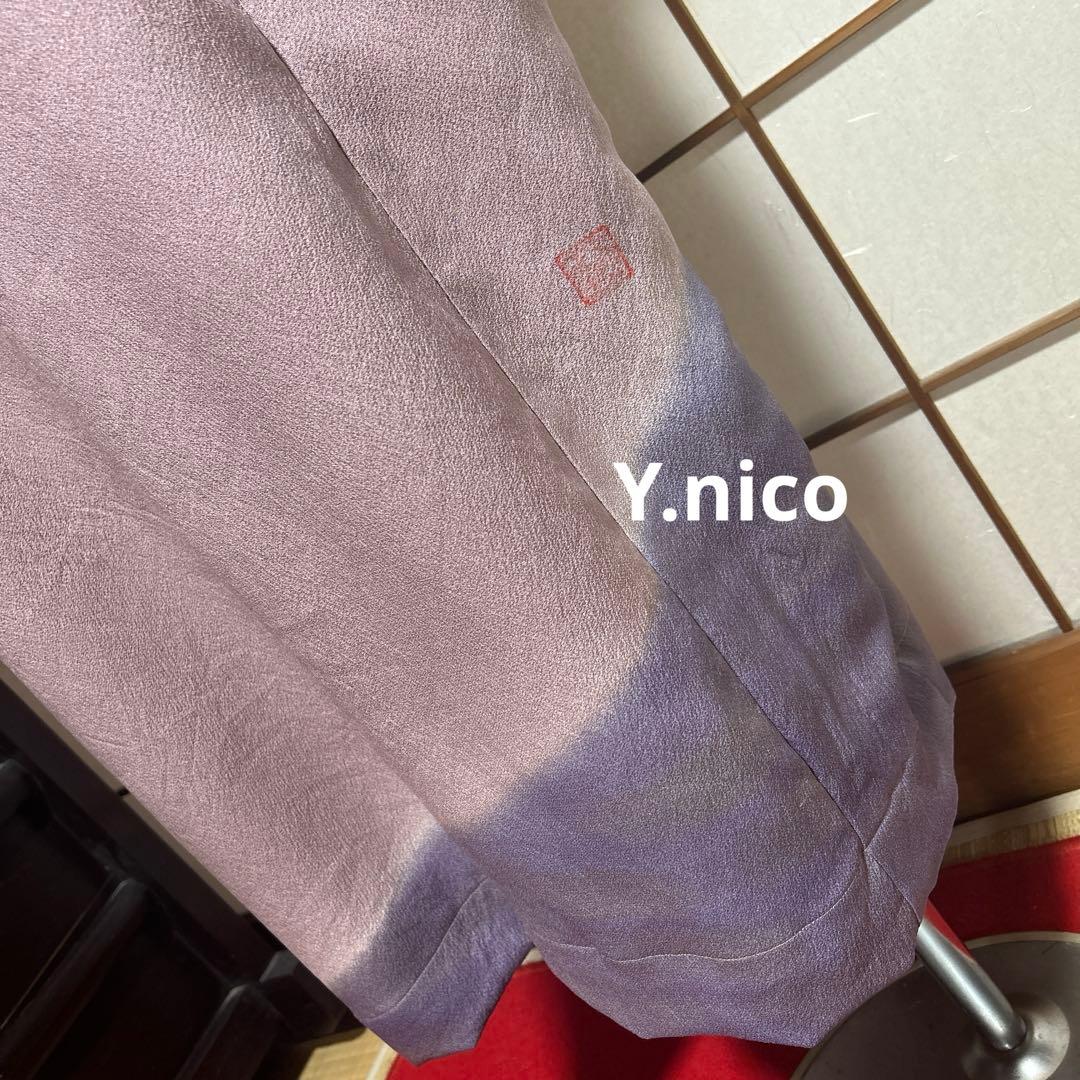 LL着物リメイク正絹 作家物落款 ラベンダー暈し附下げシンプルゆったりワンピース