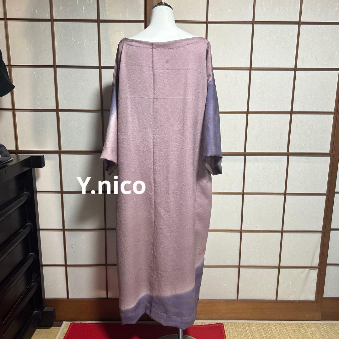 LL着物リメイク正絹 作家物落款 ラベンダー暈し附下げシンプルゆったりワンピース