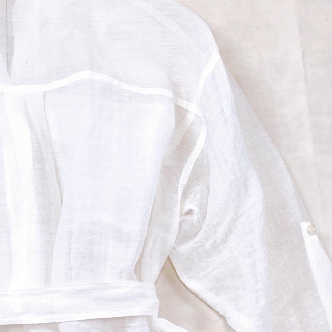 極美品 モラビト リネン シャツワンピース リボン ロールアップ シースルー