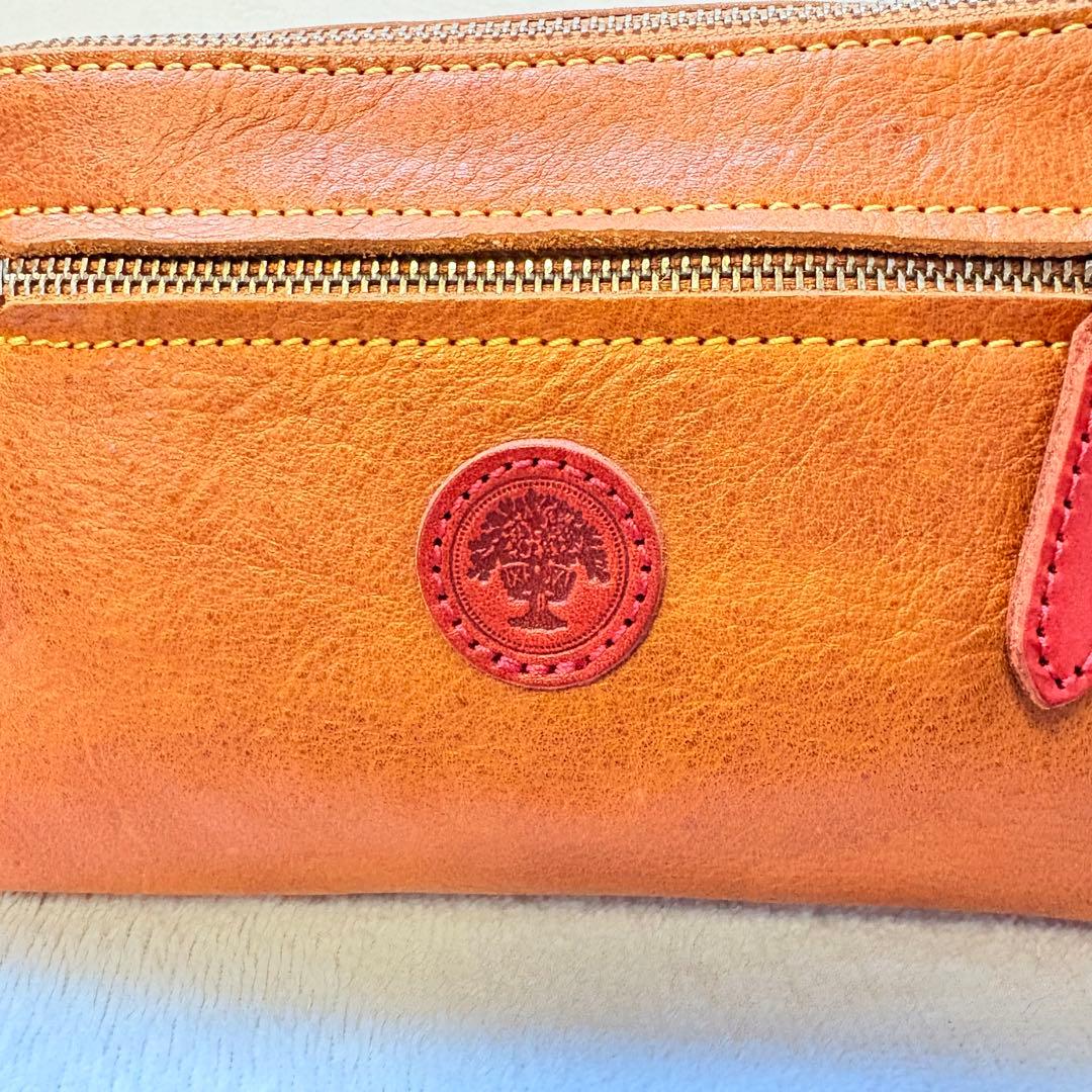 【美品】木の庄帆布 総革ラウンドポーチ 人気のキャメル色