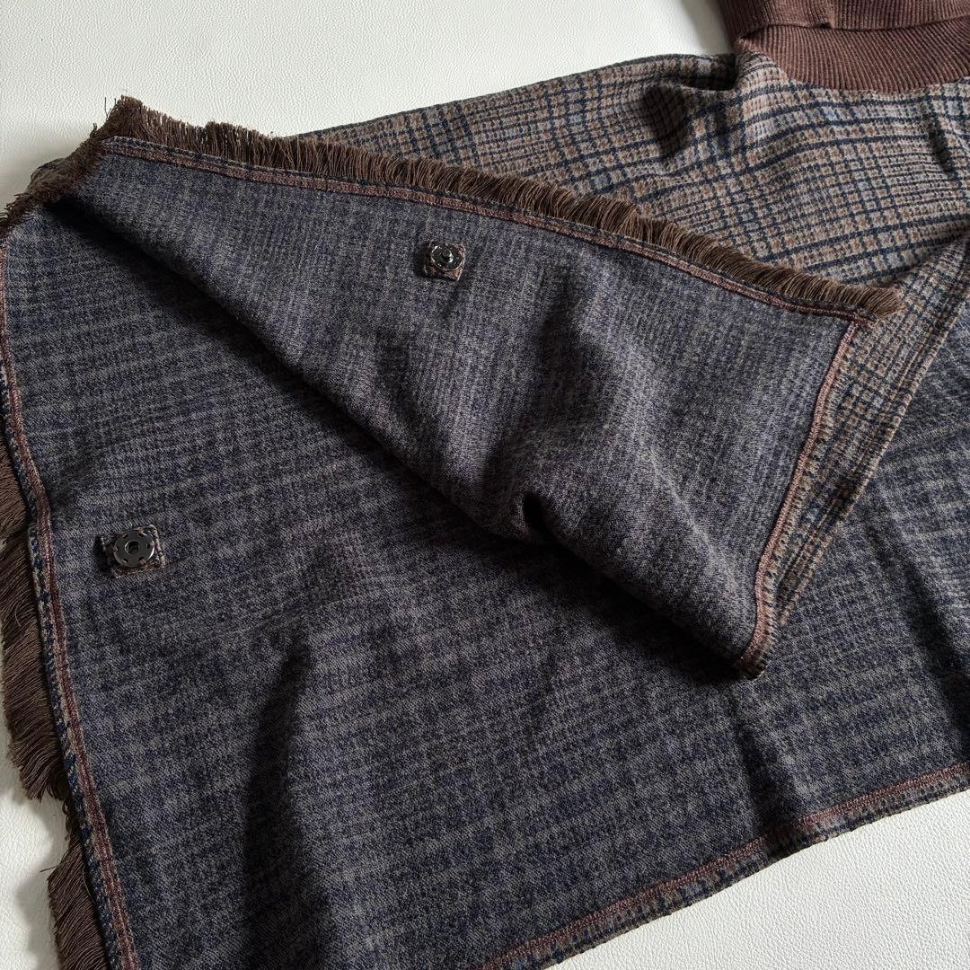 ◆美品◆モラビト◆チェックポンチョ◆アームカバー付き◆ブラウン◆ウール系◆フリー