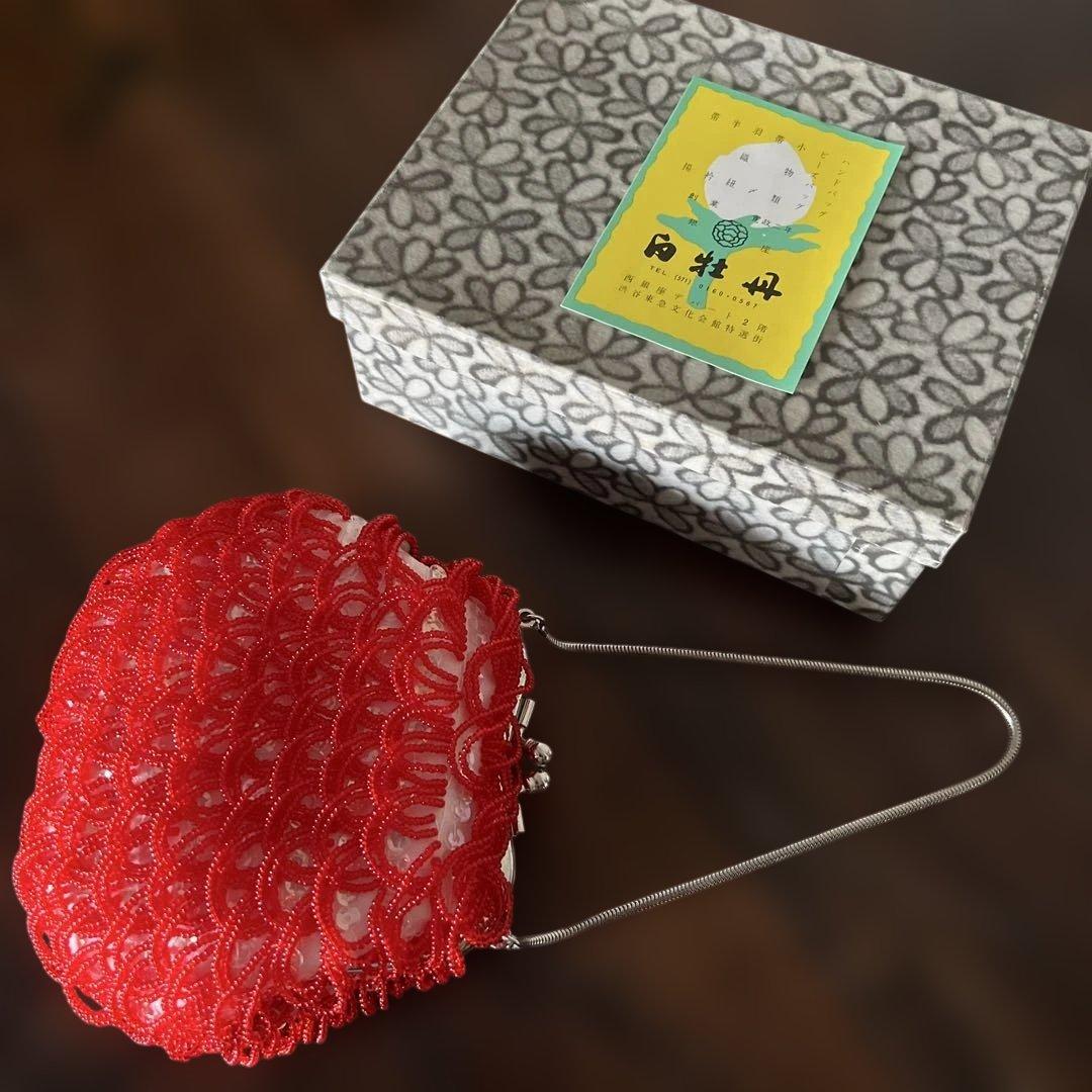 希少　ヴィンテージ　白牡丹　ビーズバッグ　パーティバッグ　レッド