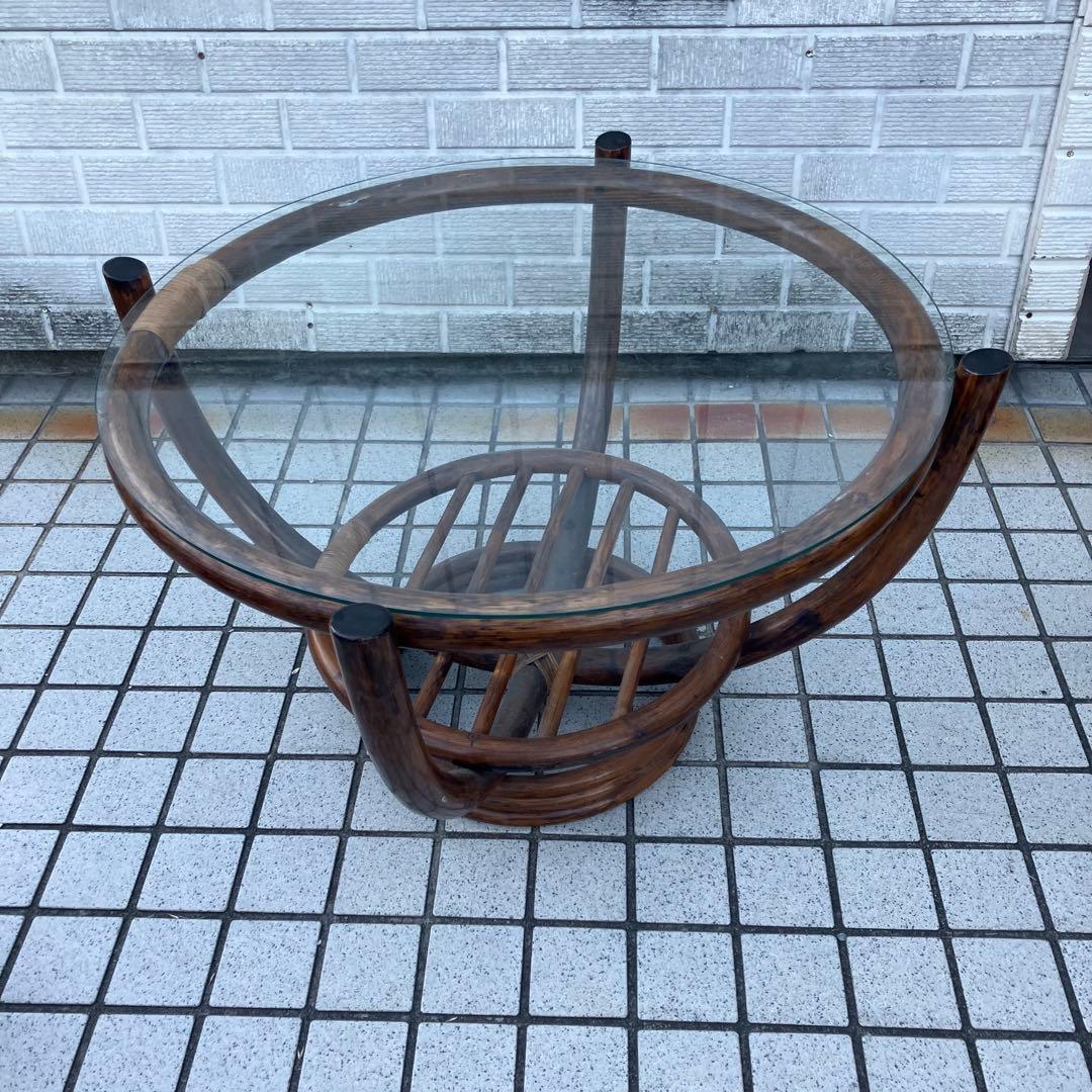 昭和レトロ ヴィンテージ ラタンラウンドテーブル 籐家具古家具 センターテーブル