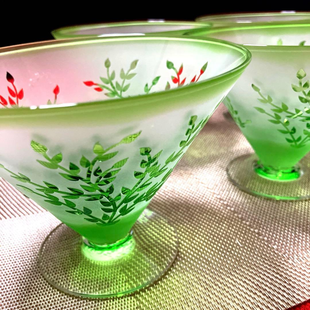 彫刻切子　エメラルドグリーン　サンドブラストデザートカップ　4客セット