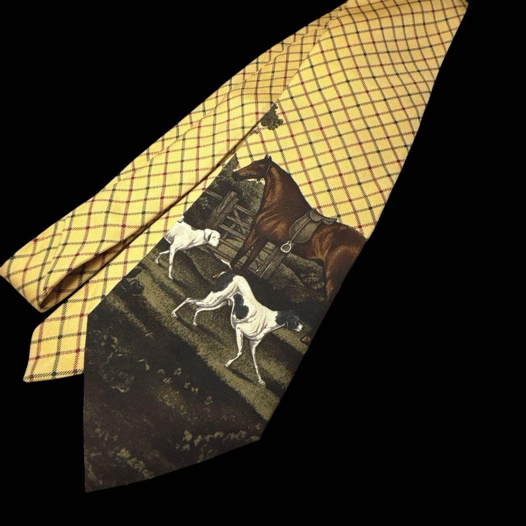 ラルフローレン シルクネクタイ 馬 犬柄 絵画風 クラシックチェック
