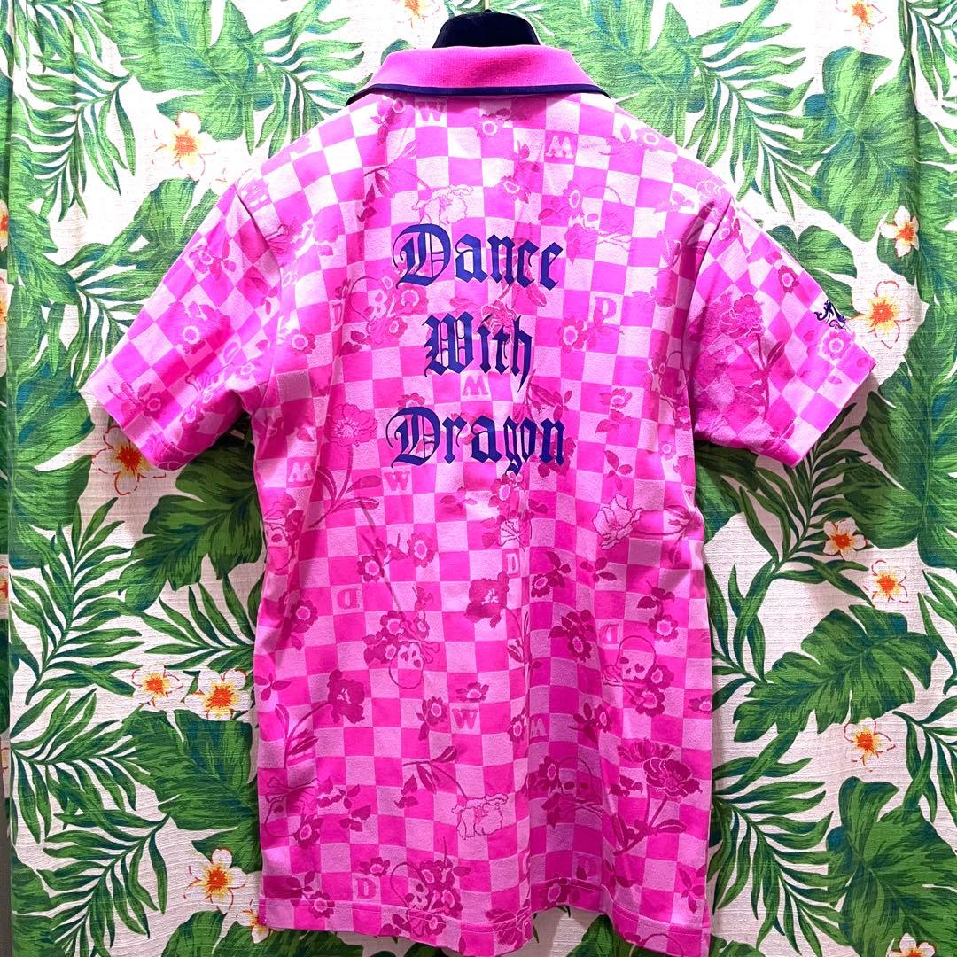 極美品☆ダンスウイズドラゴン半袖ポロシャツ総柄ピンク系