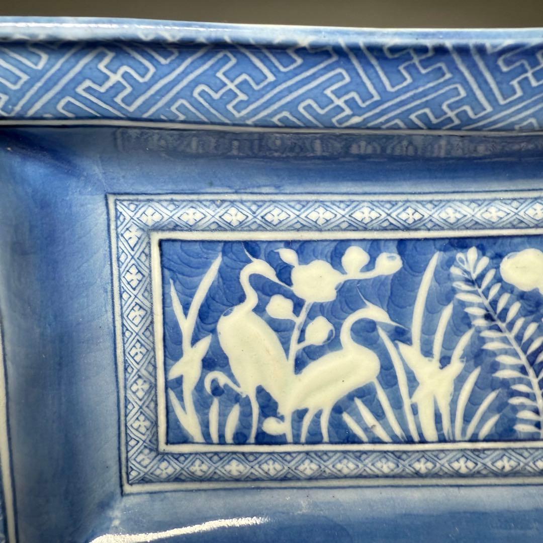 江戸時代　古伊万里　染付白鷺文様長皿　太明成化年製　裏七宝結文