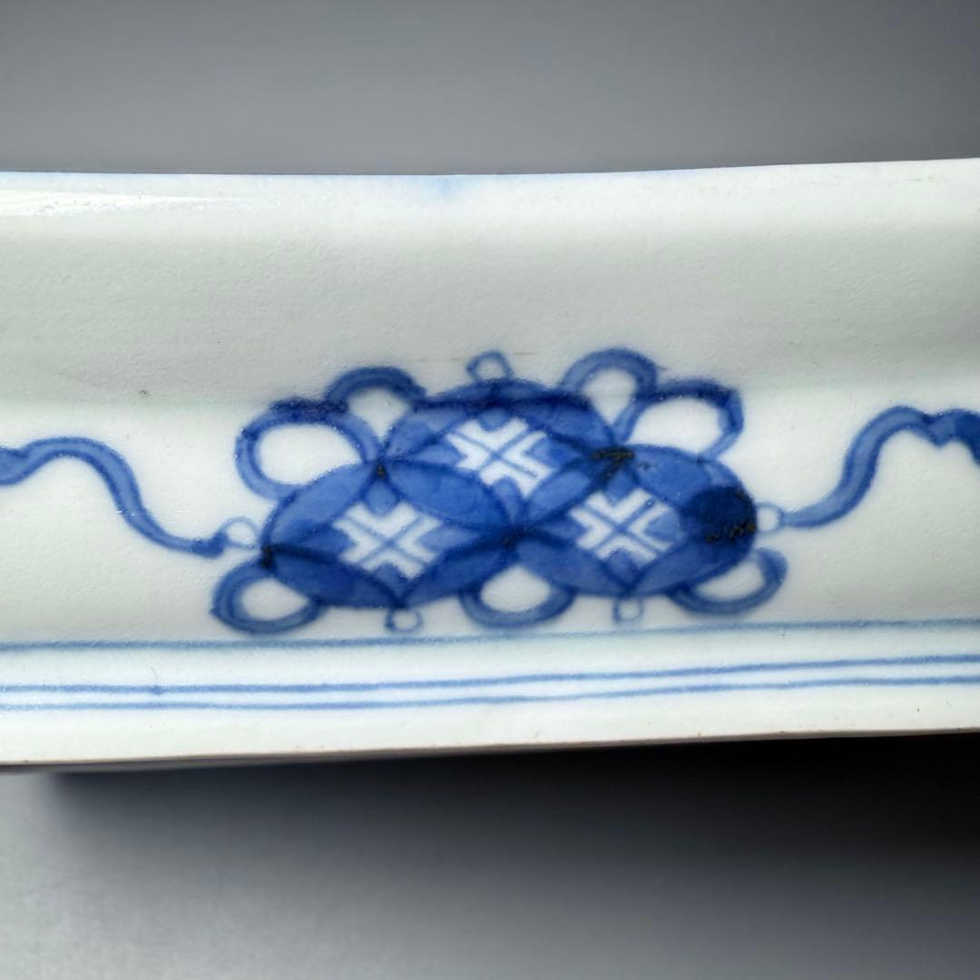 江戸時代　古伊万里　染付白鷺文様長皿　太明成化年製　裏七宝結文