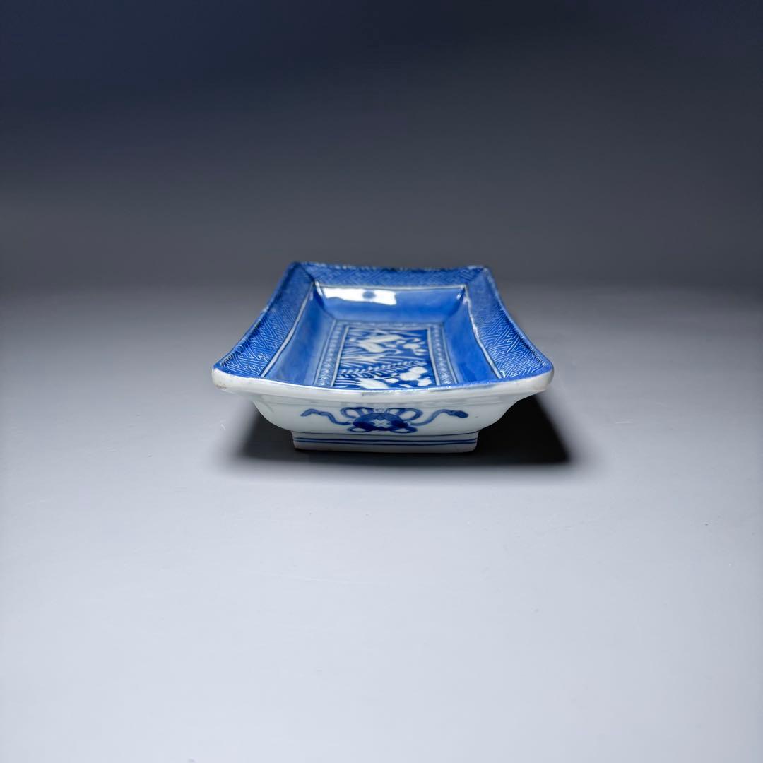 江戸時代　古伊万里　染付白鷺文様長皿　太明成化年製　裏七宝結文