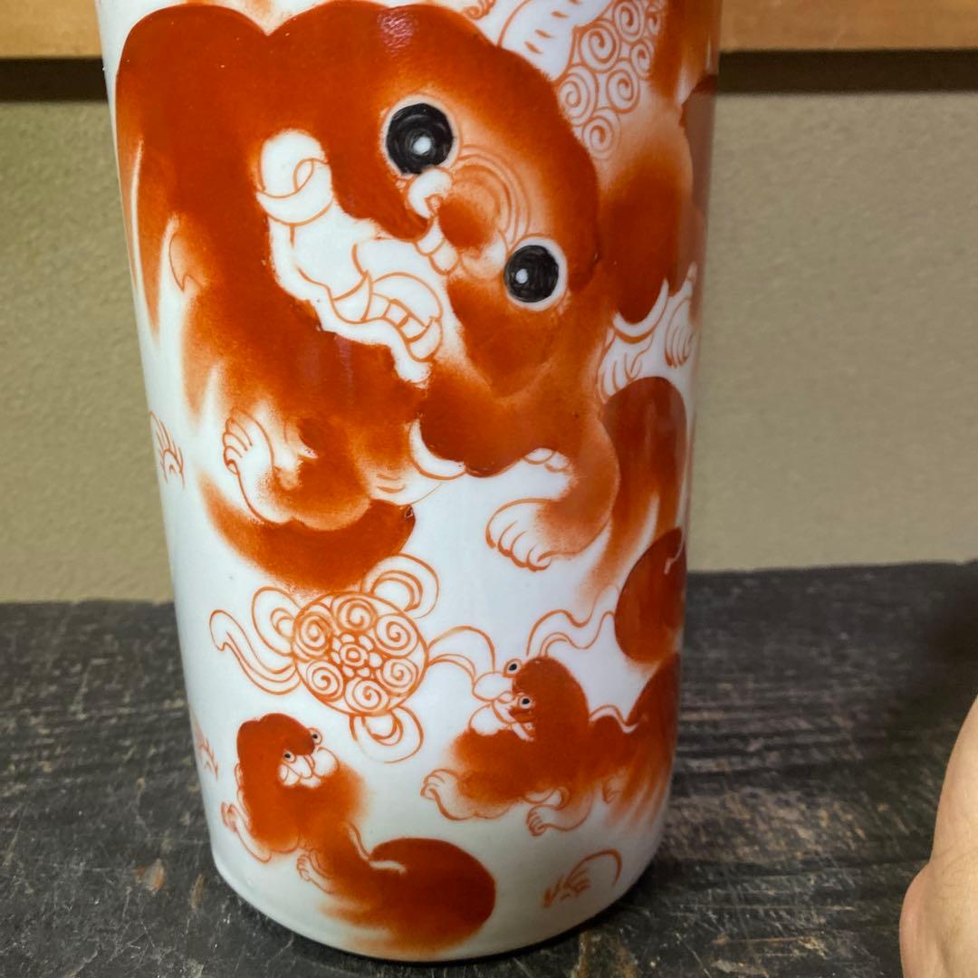 専用　中国古玩　赤獅子図花生　27cm11cm