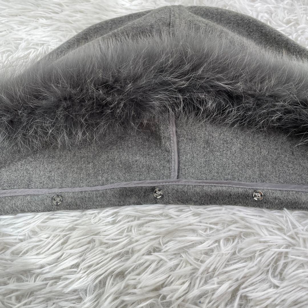 ポンチョ、カシミヤ100%、ブルーフォックス、フード付き、F