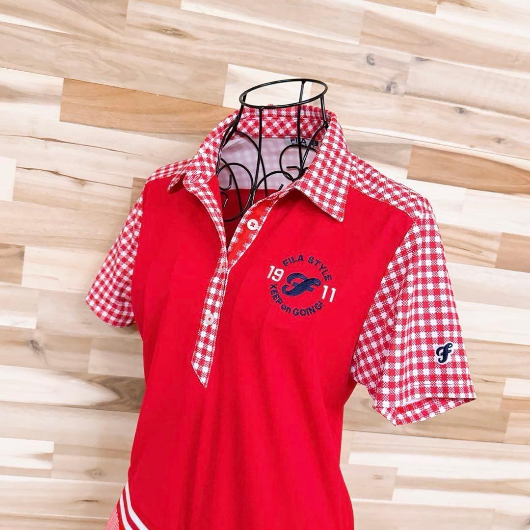 【フィラゴルフ】ゴルフ レトロ チェック柄 異素材 切り替え ワンピースL赤×白