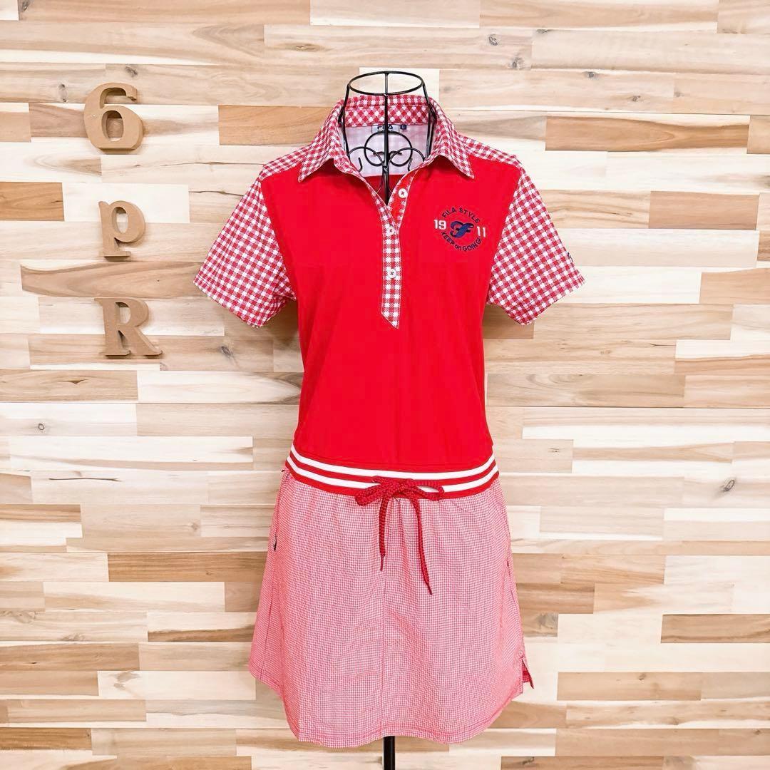 【フィラゴルフ】ゴルフ レトロ チェック柄 異素材 切り替え ワンピースL赤×白