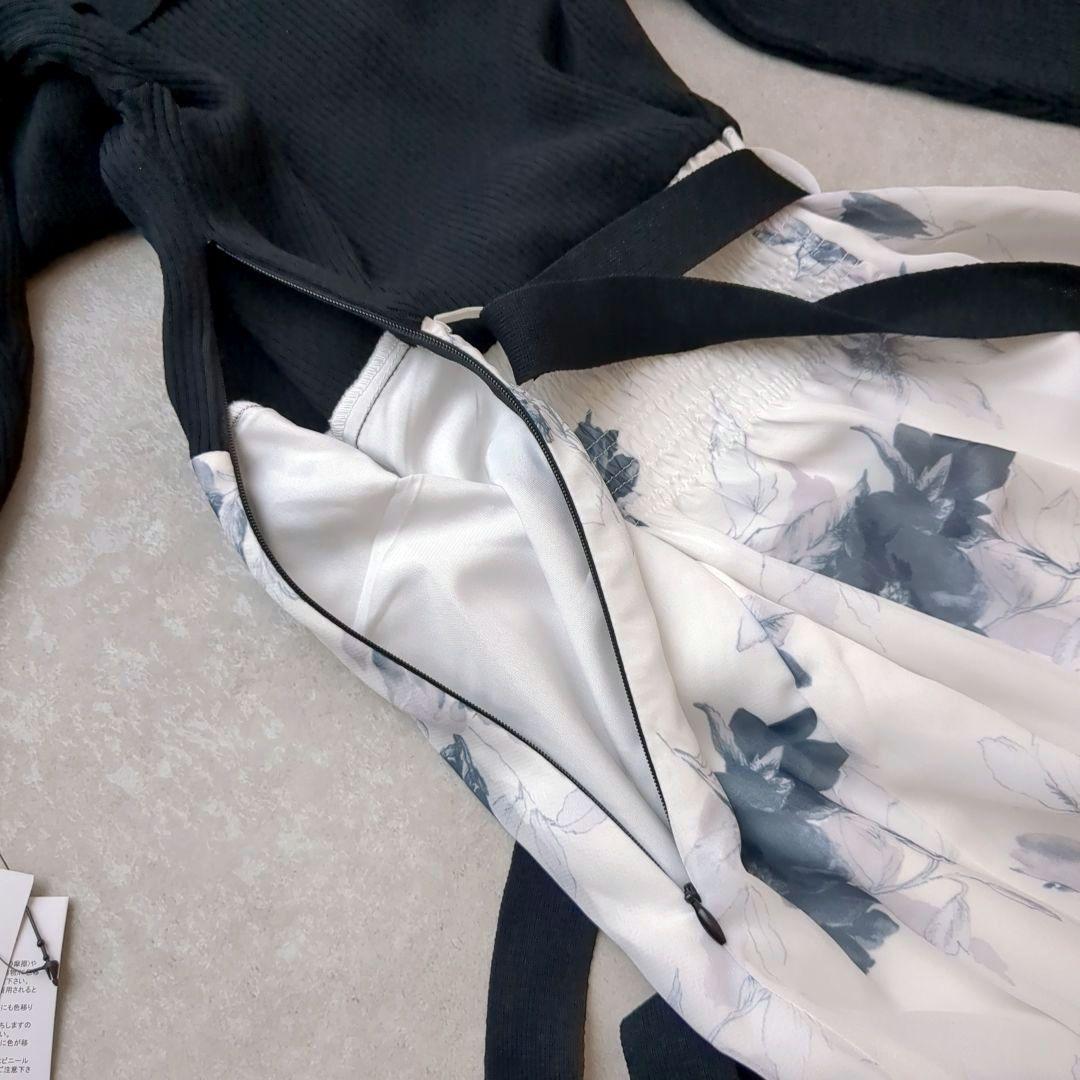 【完売品】　ウエストリボン付きアシメリブニット×フラワードッキングワンピース　М