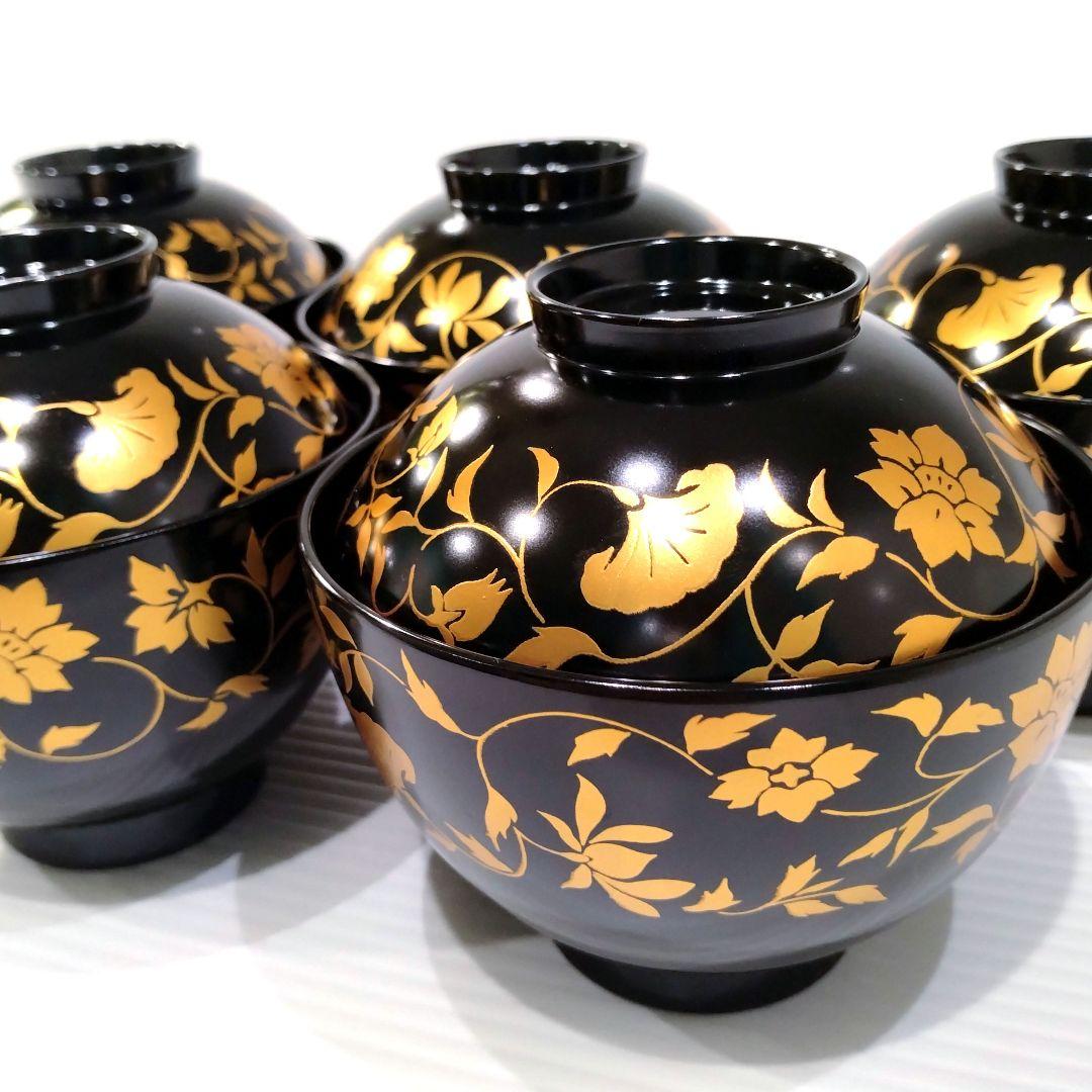 会津塗 漆器 坂本乙造 乙造作 金彩 蒔絵 唐草 蓋付き 汁椀 吸物碗 五客揃