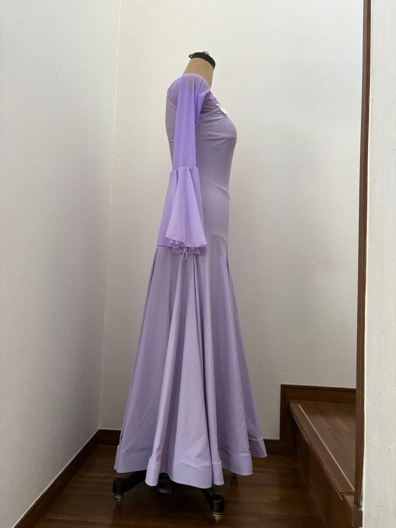 社交ダンス　薄紫色 フレアスリーブ ロングドレス