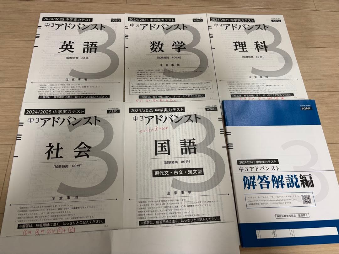 【5教科】2024/25　Z会アドバンスト　中3 国・数・英・理・社　解答解説付