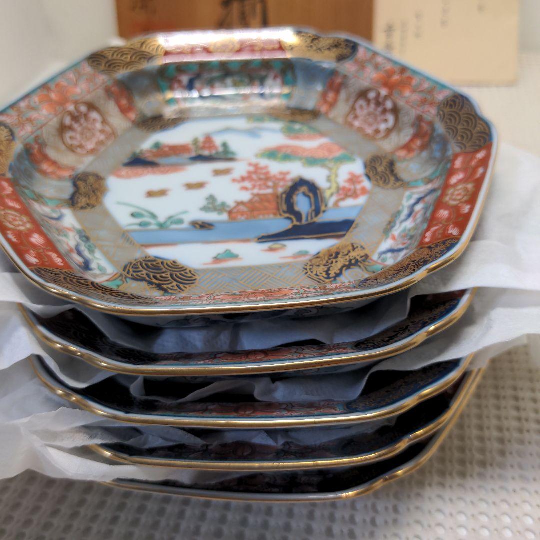有田焼　幸楽窯　錦色絵山水銘々皿　5枚揃　未使用品