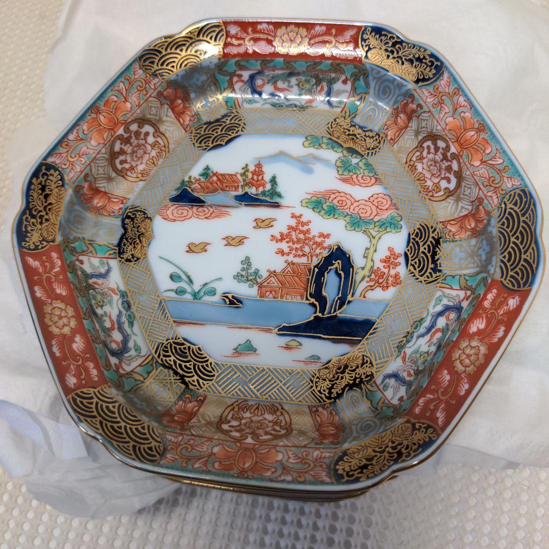 有田焼　幸楽窯　錦色絵山水銘々皿　5枚揃　未使用品