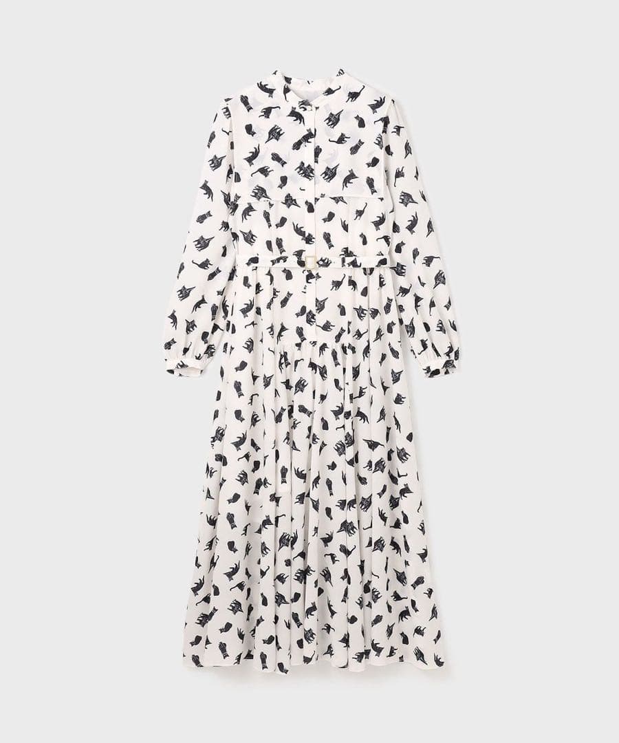 キャットプリントフライヨークワンピース　黒猫