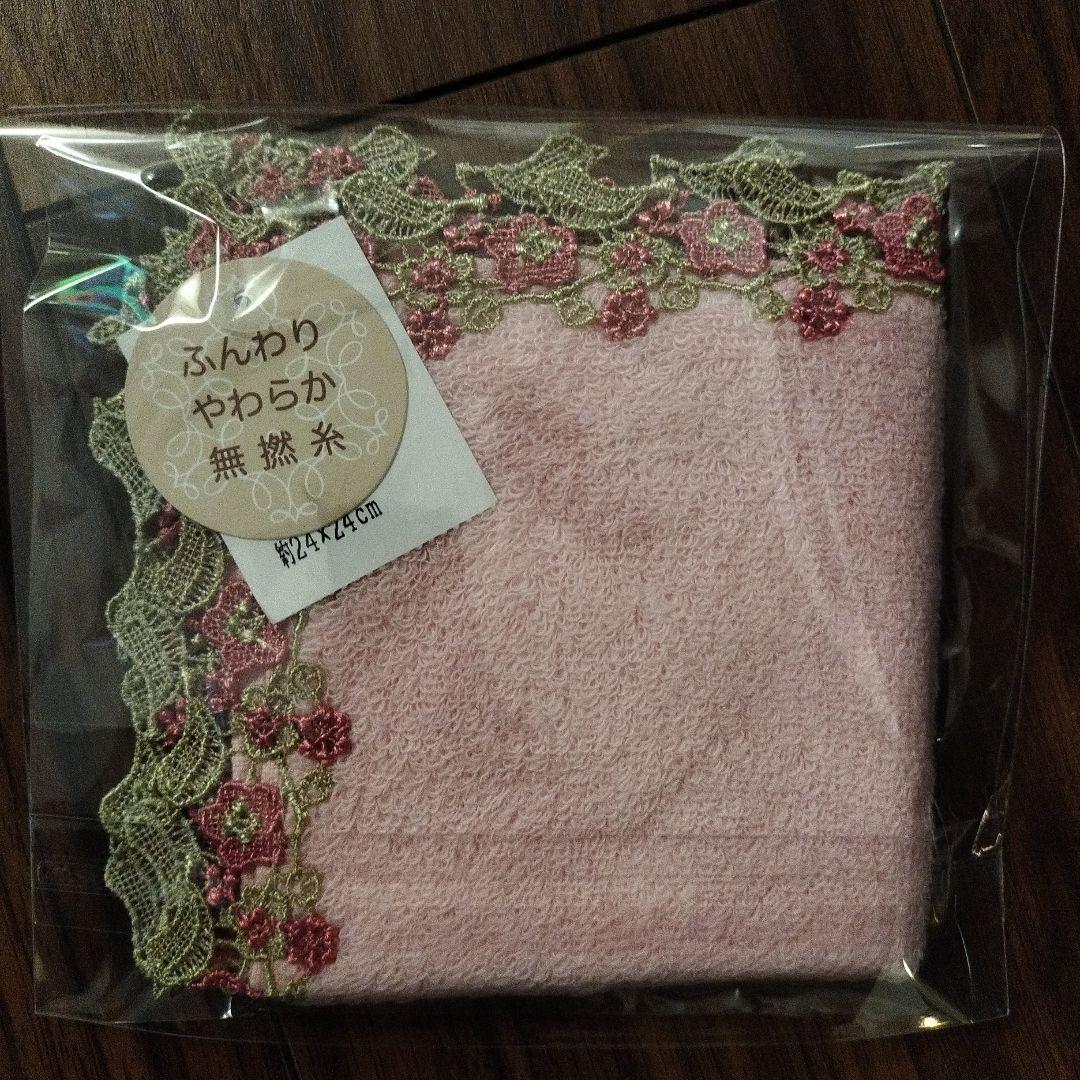 【新品未使用】近沢レース　シーズンタオルハンカチ／春の訪れ（梅と鶯）・ピンク