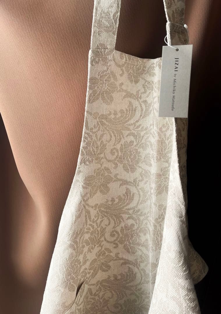 新品 リネン エプロン 花柄 ベージュ ホワイト ロング 麻 コットン 綿