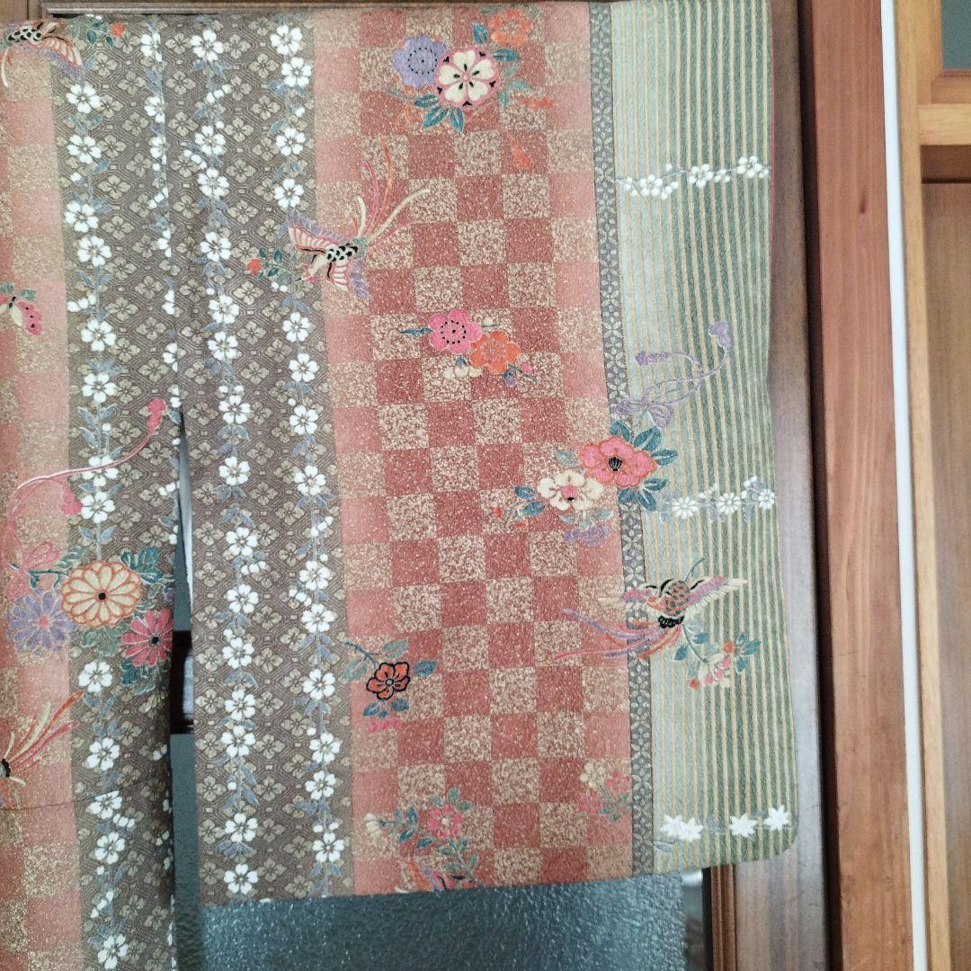 正絹 小紋 着物 市松模様 花柄 鳳凰文様 朱色系 上品 レトロ 美品