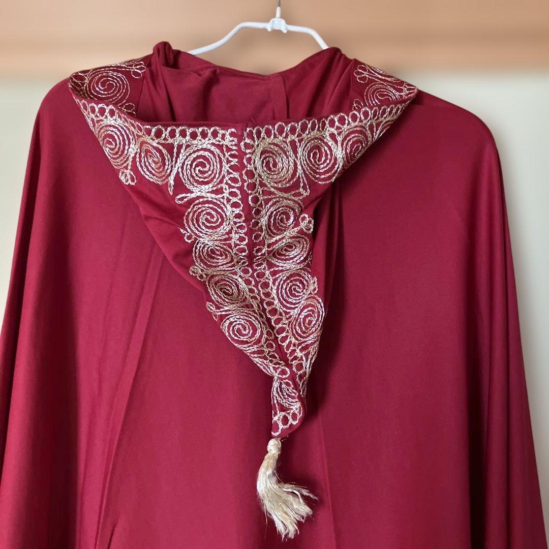 ｟チュニジア民族衣装｠バーガンディ刺繍フード付きロングドレス