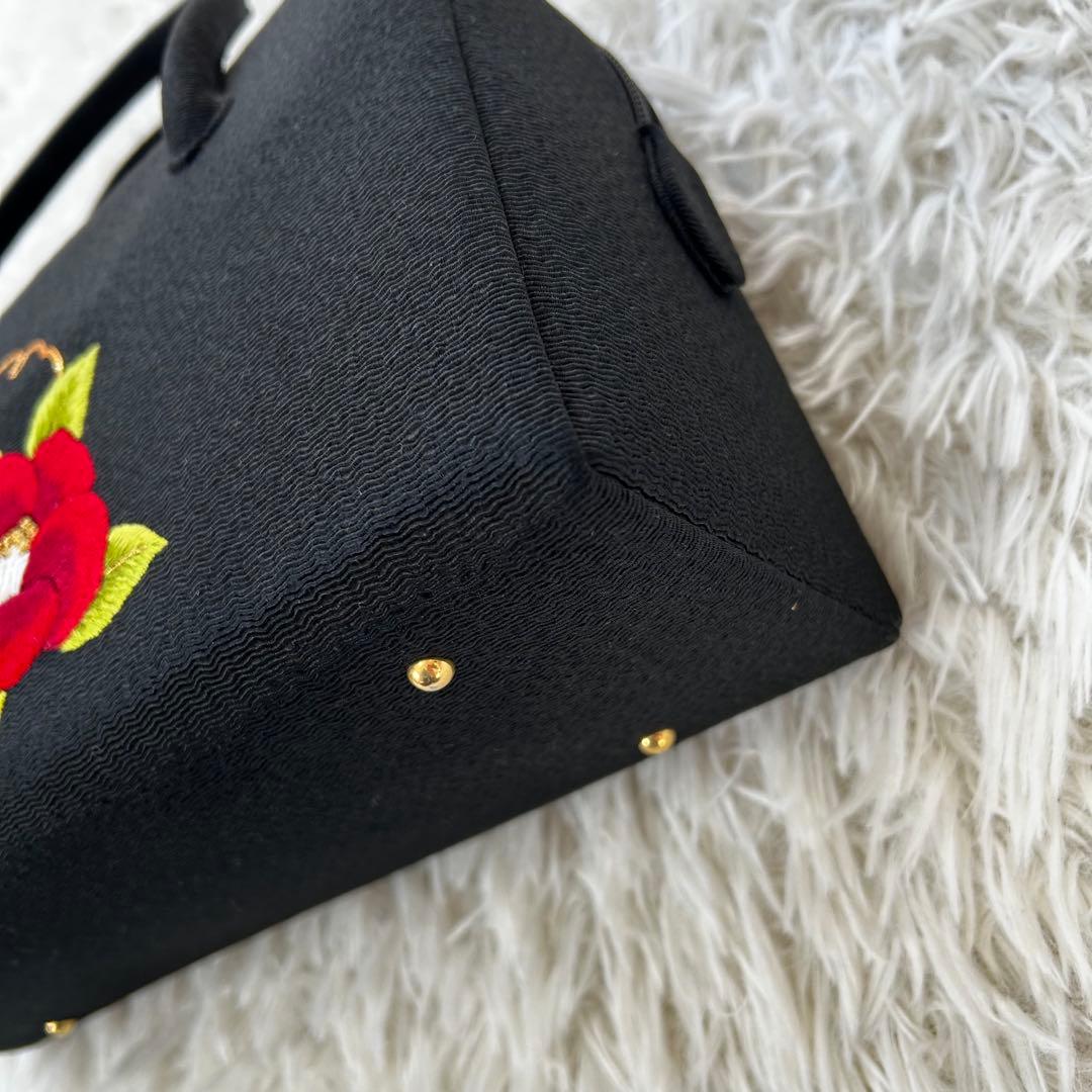 タグ付き 正絹 刺繍 お茶席用 ボストンバッグ 和装 黒 日本製
