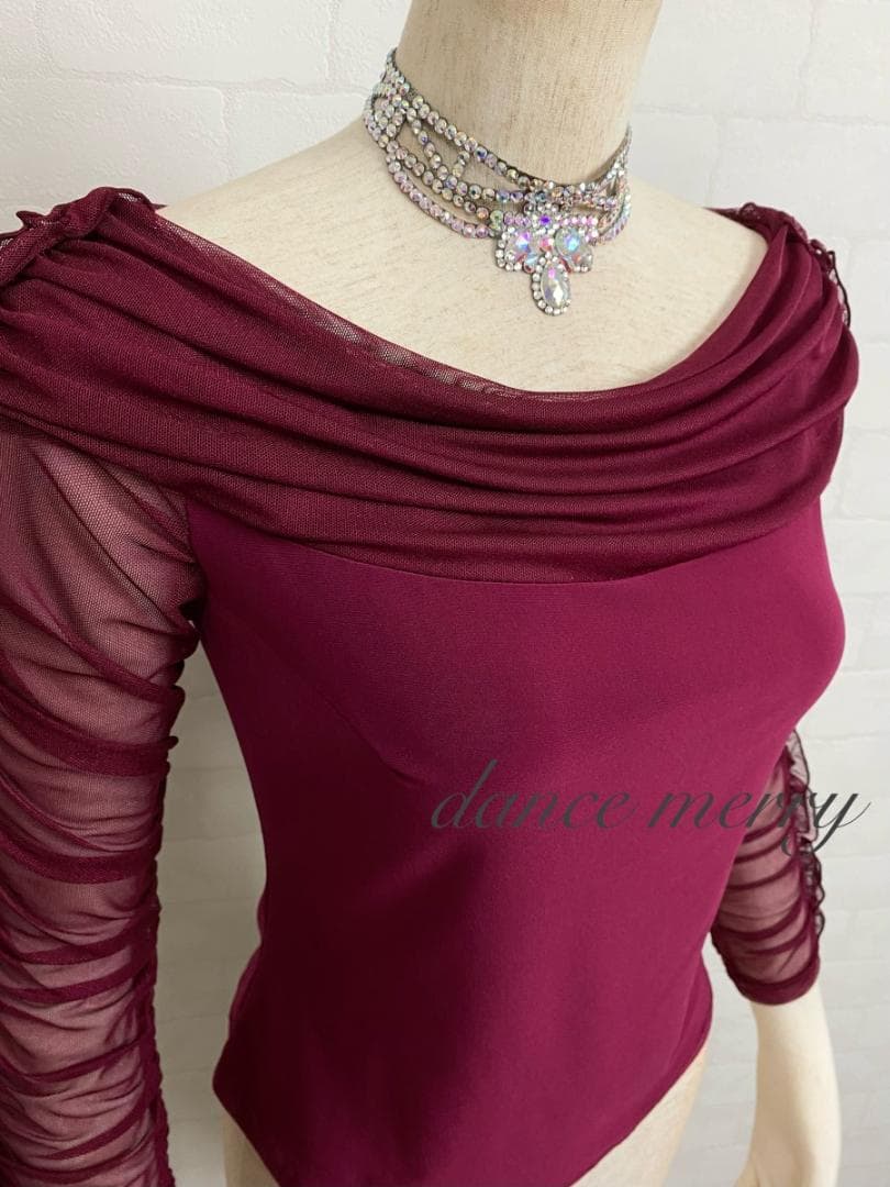 M　社交ダンス　ワイン 赤　トップス　レッスン　パーティ　シンプル　2011