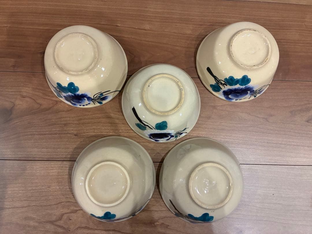 ベトナム・ソンベ焼・青花・小どんぶり・大茶碗　花柄陶器ボウル5個セット