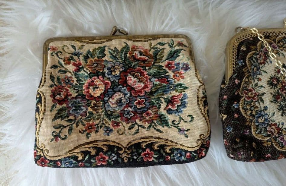 アンティーク？ゴブラン？がま口ミニバッグ　プチポワン風4点
